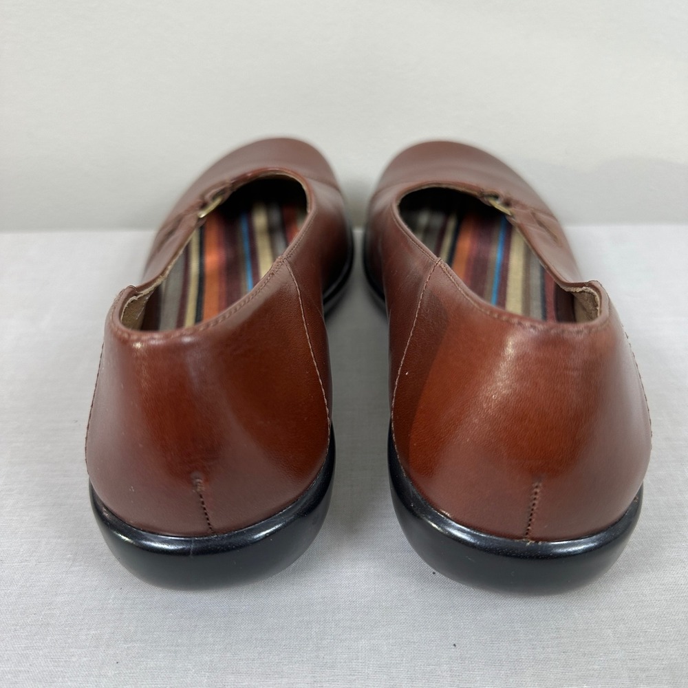 Clarks Brown Leather Slip-On Flats with Striped Bow Accent - Picture 4 of 7